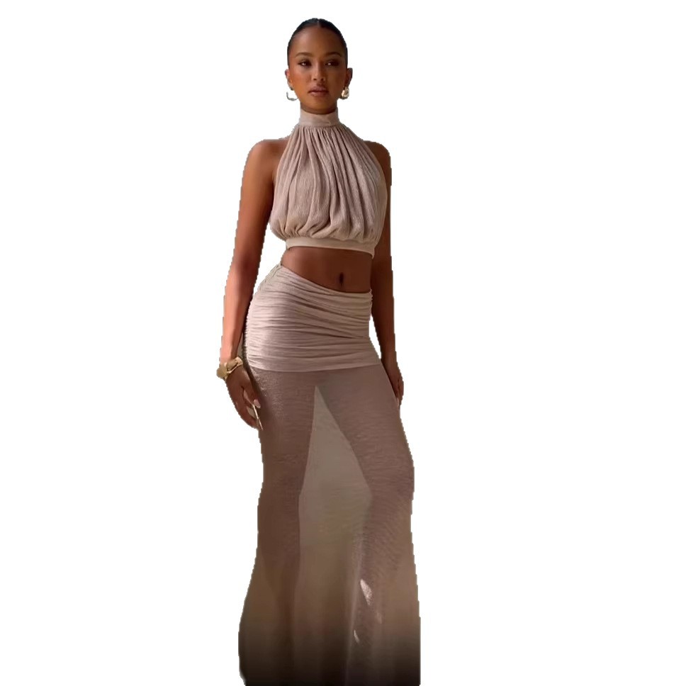 Women's Clothing Women's Sleeveless Halter Neck Glitter Mesh Pleated Skirt Set Sexy Fashion Top Bottoms Combo_ecoleips.com