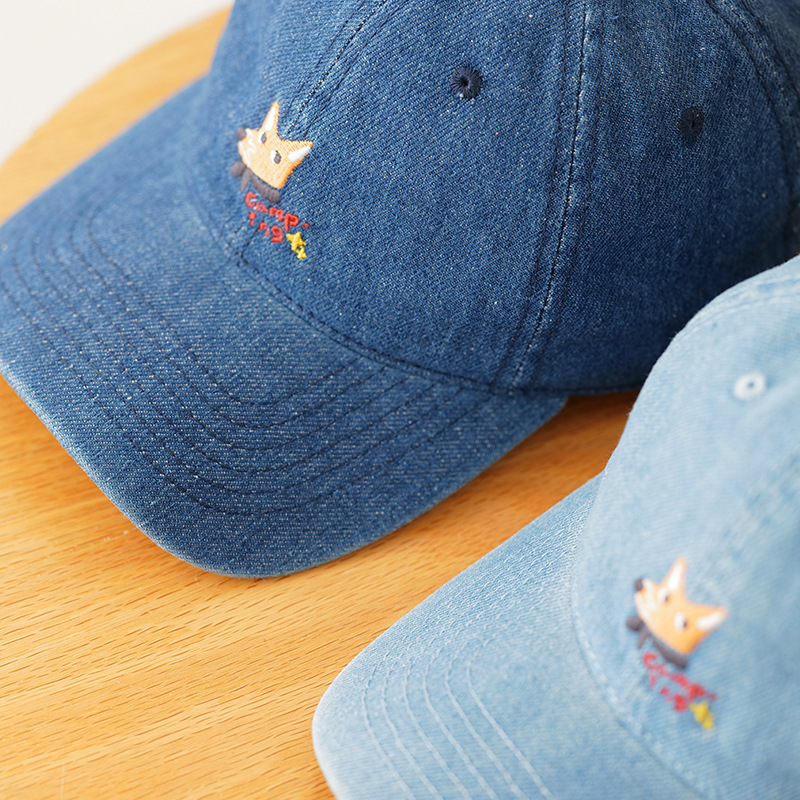 キツネ刺繍ウォッシュデニム野球帽女性のための春と夏の韓国スタイルのトレンディな学生多用途カジュアル漫画ひさしキャップ|undefined