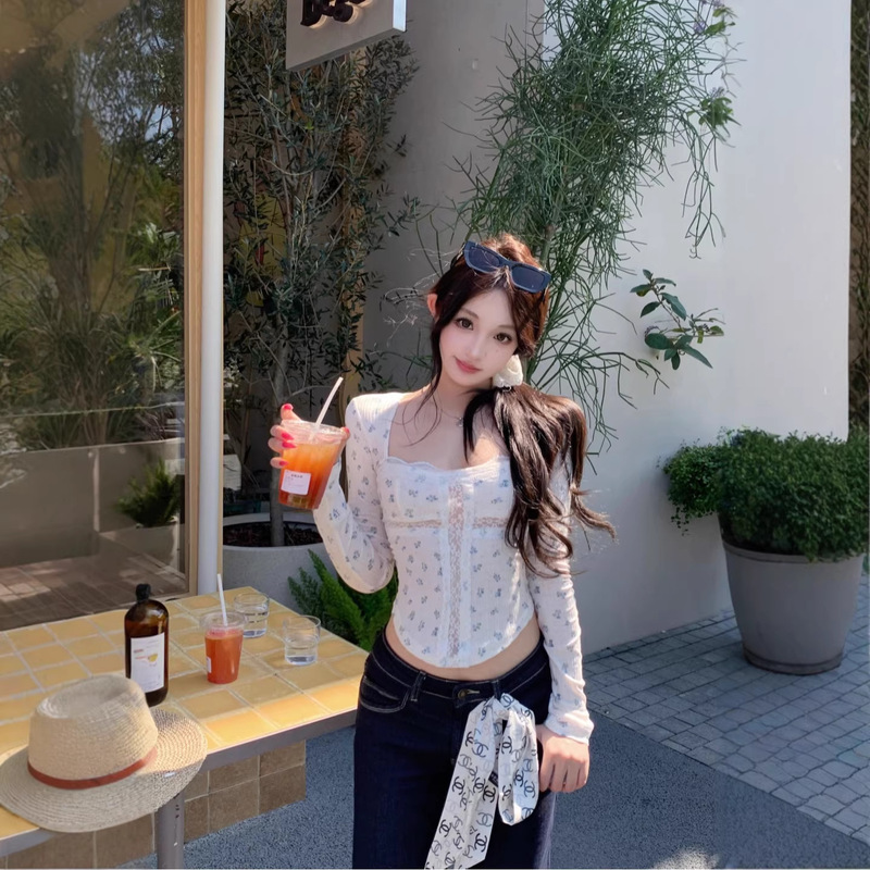 2026 New Korean-Style Girly Style'Spring Opening Statement' Lace Cross-Cut Slim-Fit Long-Sleeve Top