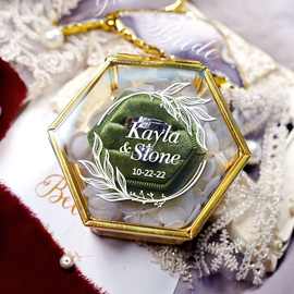 典雅款玻璃天鹅绒双戒指盒欧美风创意戒指收纳盒可刻印logo首饰盒