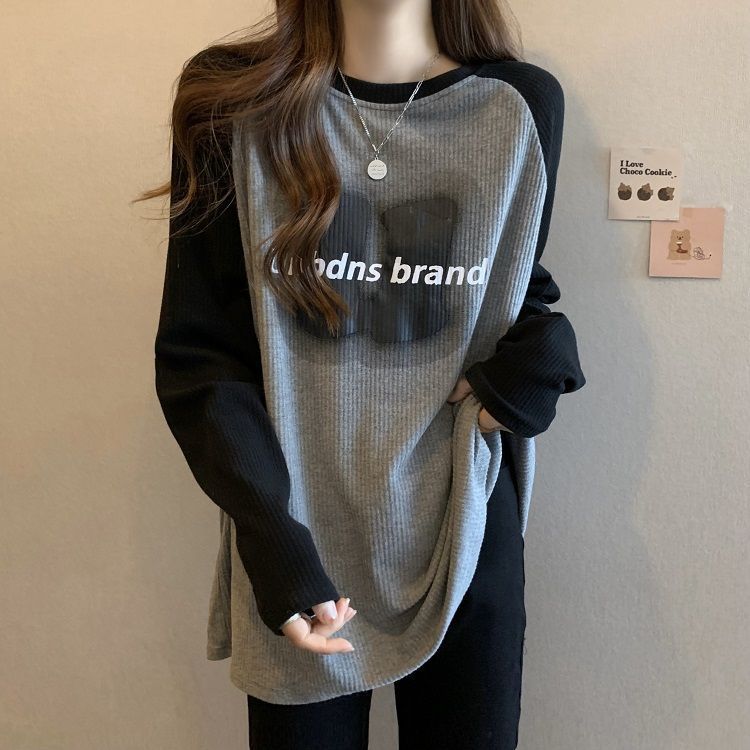 Pit Strip plus size Long-sleeved T-shirt Women's Autumn and Winter New Arrival chubby girl Loose Slimming Base Shirt All-match Casual Top