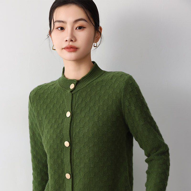 Demi-season woolen knitted cardigan with a round collar
