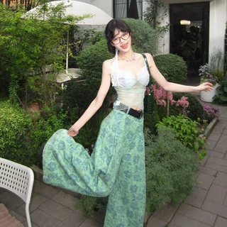 美式绿色阔腿裤子女2026新款设计感小个子宽松慵懒风直筒休闲长裤