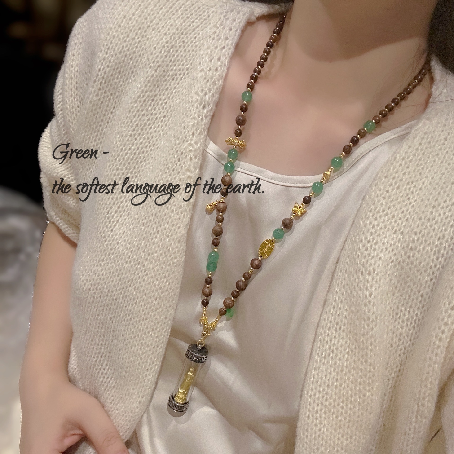 复古国风泰国佛牌檀香正阳绿拼色时尚百搭项链毛衣链文艺油彩色女