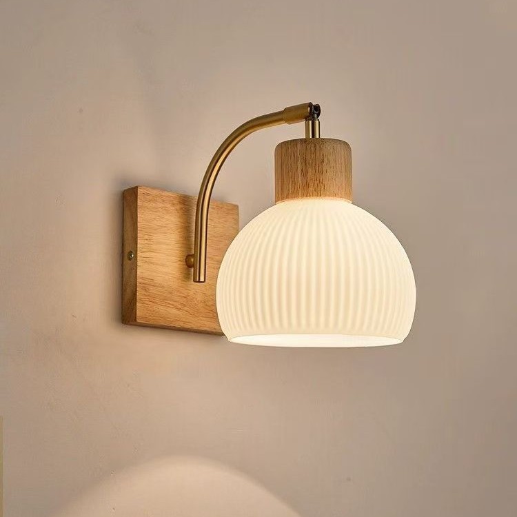 壁灯复古北欧实木胡桃色现代简约客厅床头卧室中式创意楼梯过道灯