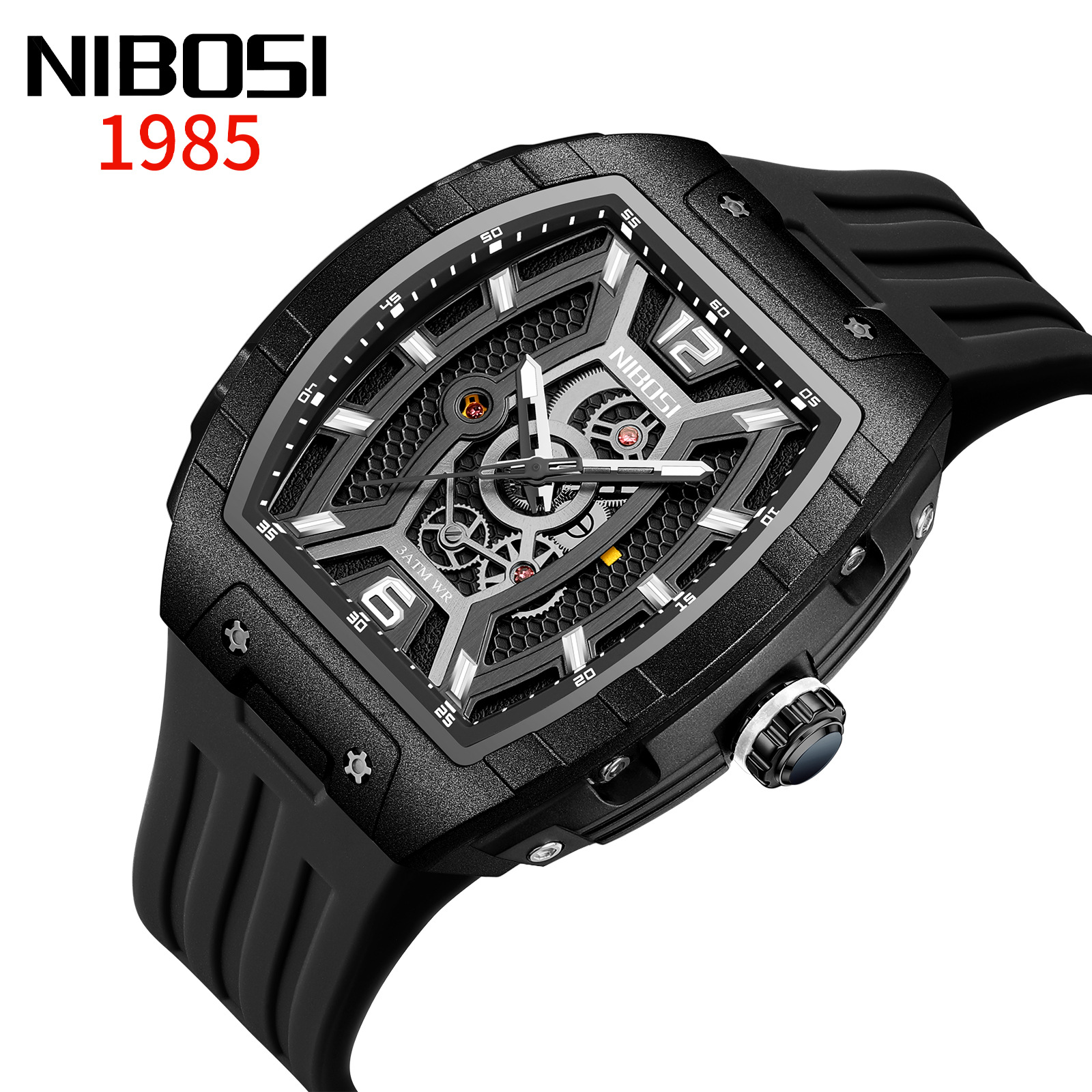 Nibosi Brand Cool Wine Barrel Shape Silicone Band Quartz Watch Japan Movement Men's Sports Watch Luminous Waterproof