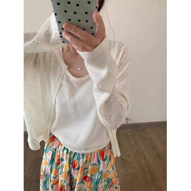 Single-Breasted Thin Sun Protection Knitwear for Women Summer Loose Slimming Look Short Long-Sleeved Blouse Crocheted Cut Out White Cardigan