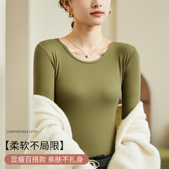 モダールレディースインナーシャツ、スリムフィット、ラウンドネックトップス、Tシャツ、大きいサイズ、女性用秋服、インナーにもアウターにも、快適でカジュアル
