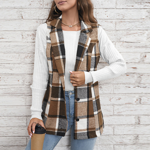 Cross-border foreign trade women's jacket European and American plaid vest 2025 spring elegant style versatile sleeveless single-breasted cardigan