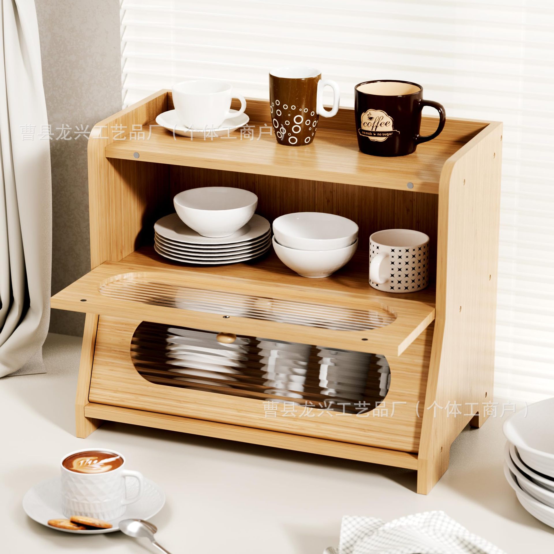 木制桌面置物箱厨房台面面包箱双层大容量面包存储箱多层置物箱