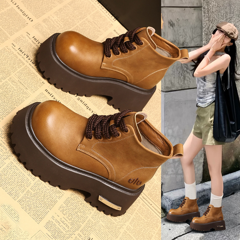 Giày boot nữ đế dày tăng chiều cao, dây buộc, phong cách đa năng — màu đen