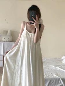 法式吊带睡裙带胸垫女夏季纯色中长款过膝宽松连衣裙家居服可外穿