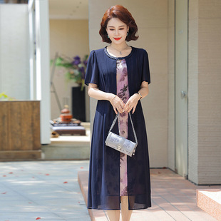 Summer Women's Short-sleeved dress Fake Two-piece 2024 New Middle-aged and Elderly Women's Chinese-style Buckle Printed Mid-length Skirt Thin