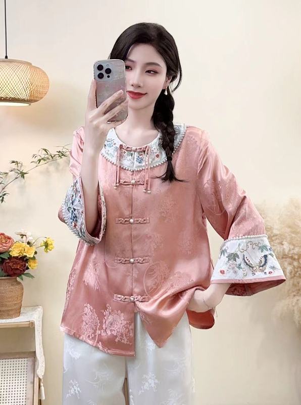 2025初秋款缎面拼接刺绣开衫新中式盘扣提花女士九分袖衬衫|undefined