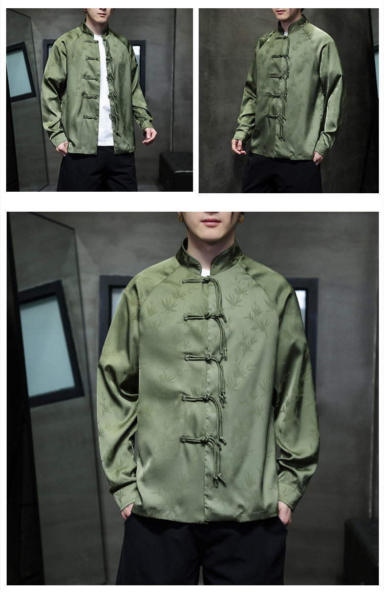 Black Hole Scenery Spring/Summer New Product Chinese Style Bamboo Leaf Silk Jacquard Long sleeved Shirt Button Standing_vogarts.com