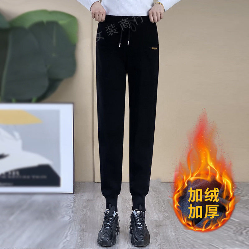 Cross-border 2023 Winter new Korean style fleece-lined thick ankle-tied pants high waist drawstring harem pants sweatpants casual pants for women