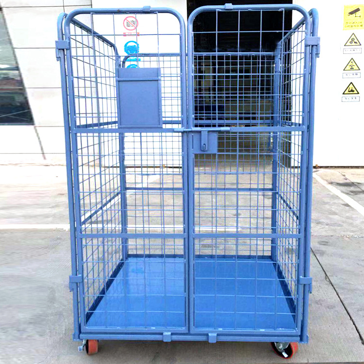 折叠物流台车 运输搬运设备厂家直供可加隔板开双门网格金属笼车
