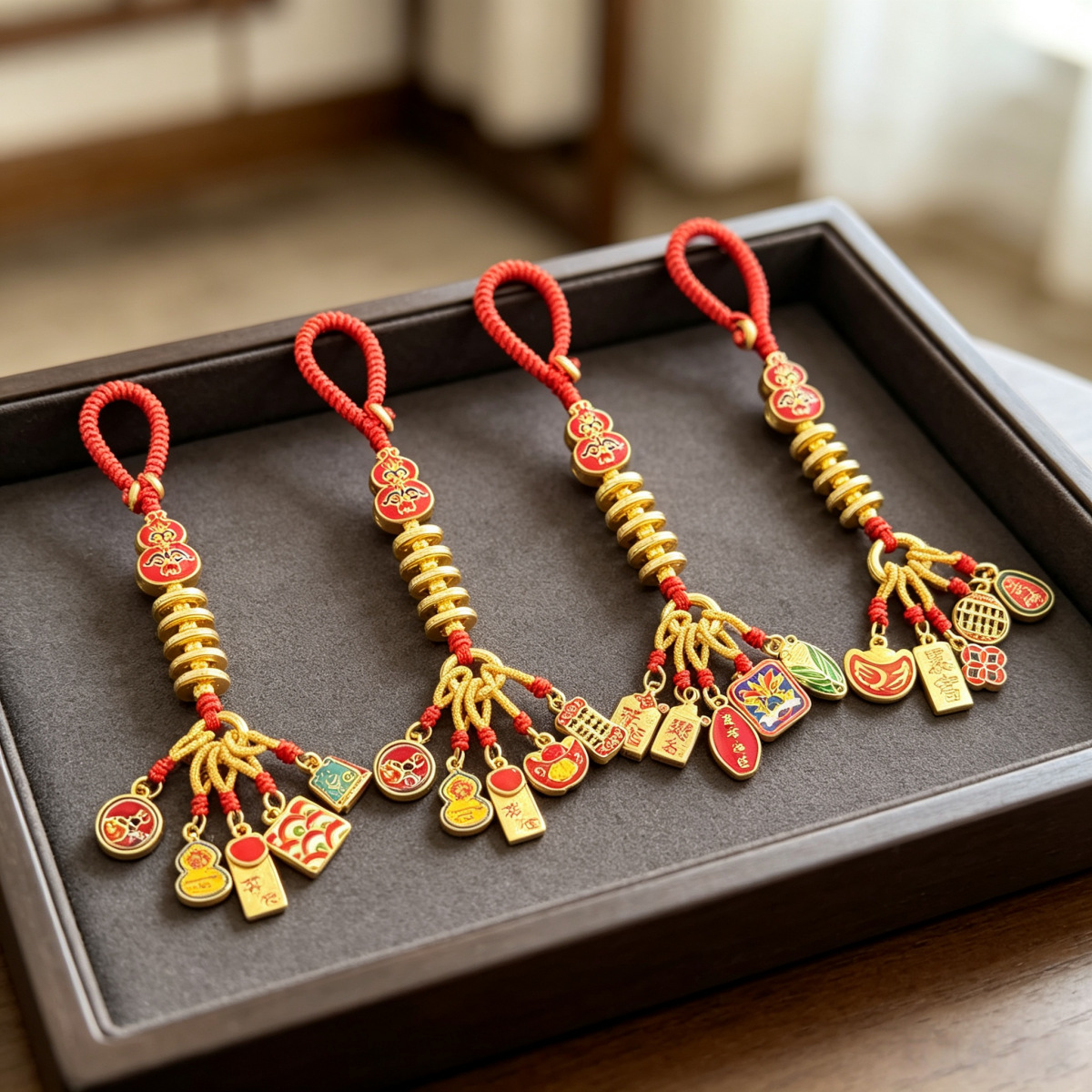 Ancient-style Five Emperors Coin car keychain, a high-end, auspicious charm for attracting wealth and ensuring peace, suitable as a unisex gift with a Chinese-style design, and a retro aesthetic