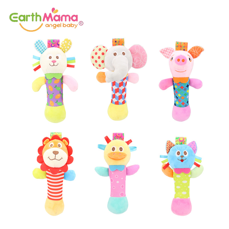 Fábrica al por mayor earthmama juguete infantil animal mano sacudida palo con BB dispositivo mano tambor calmante muñeca