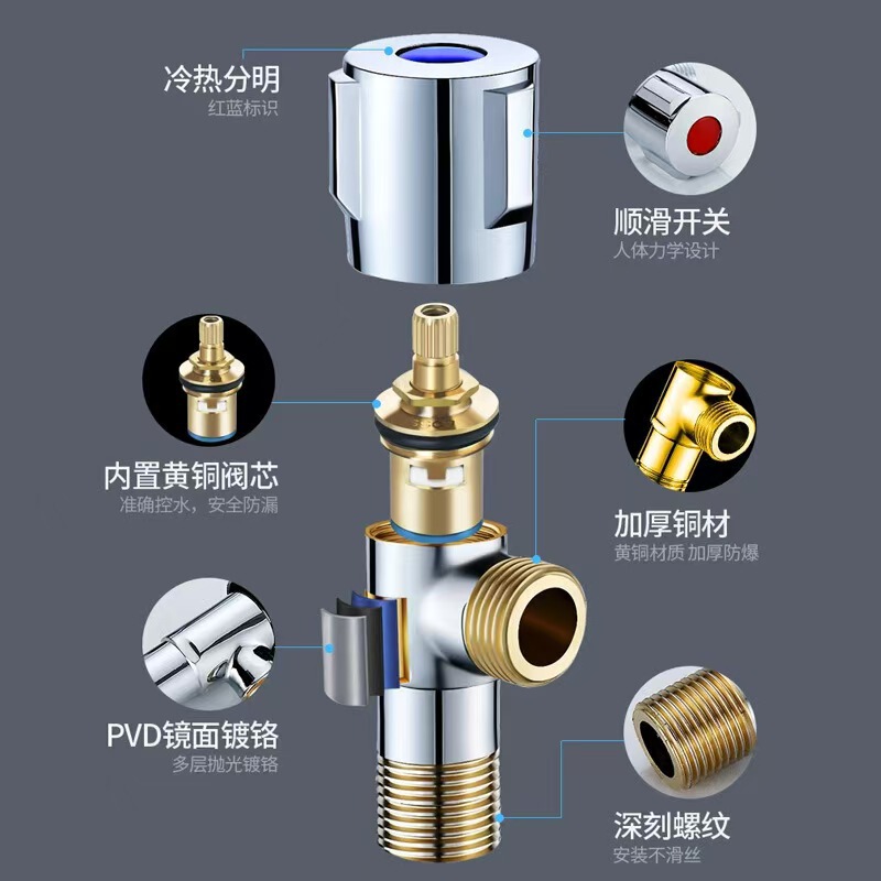 厂家直销铜牙角阀 加厚冷热三角阀热水器一进二出家用开关4分水金|undefined