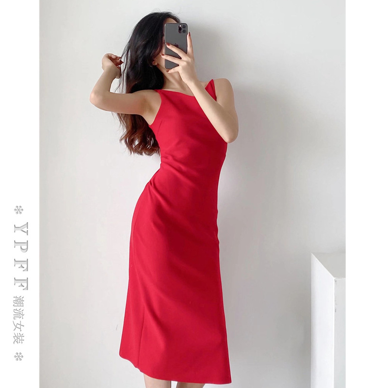 YPFF Spring New Hip Slim-Fit Strap Dress Off-Shoulder Sexy Pleated Side Slit Solid Color Long Dress