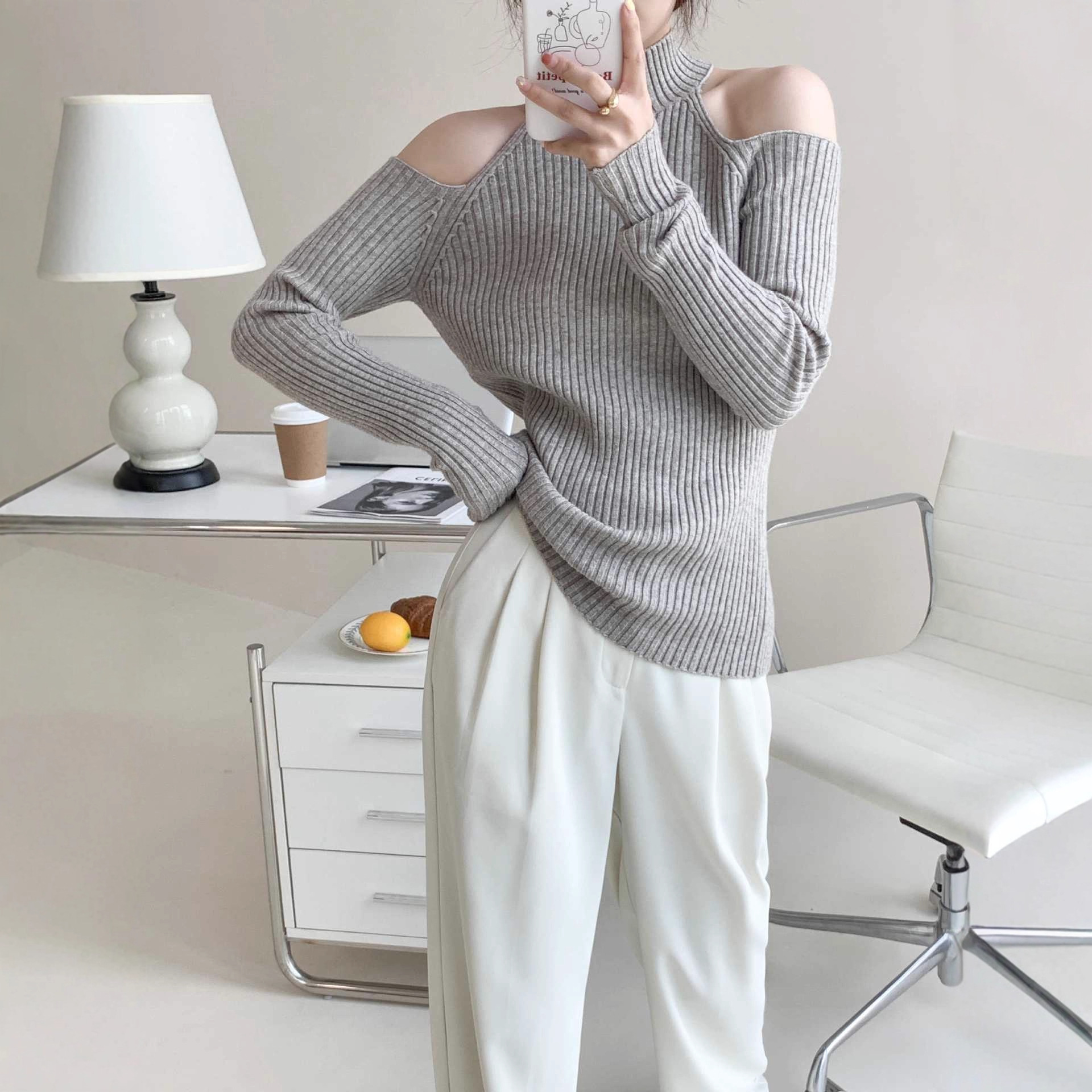 嘉织性感针织露肩紧身上衣秋季 复古性感港风打底衫女B8058