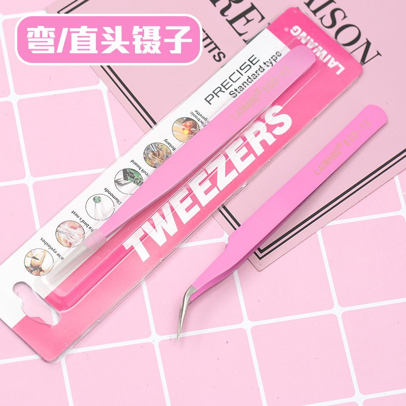 Pink Tweezers Stainless Steel Elbow Straight Head Clip Tool DIY Clay Food Toy Rubber Stamp Handmade Accessories