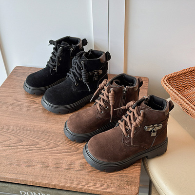 Martens, детские замшевые демисезонные универсальные модные короткие сапоги на платформе, круглый носок, 2025 года, средней длины, в западном стиле
