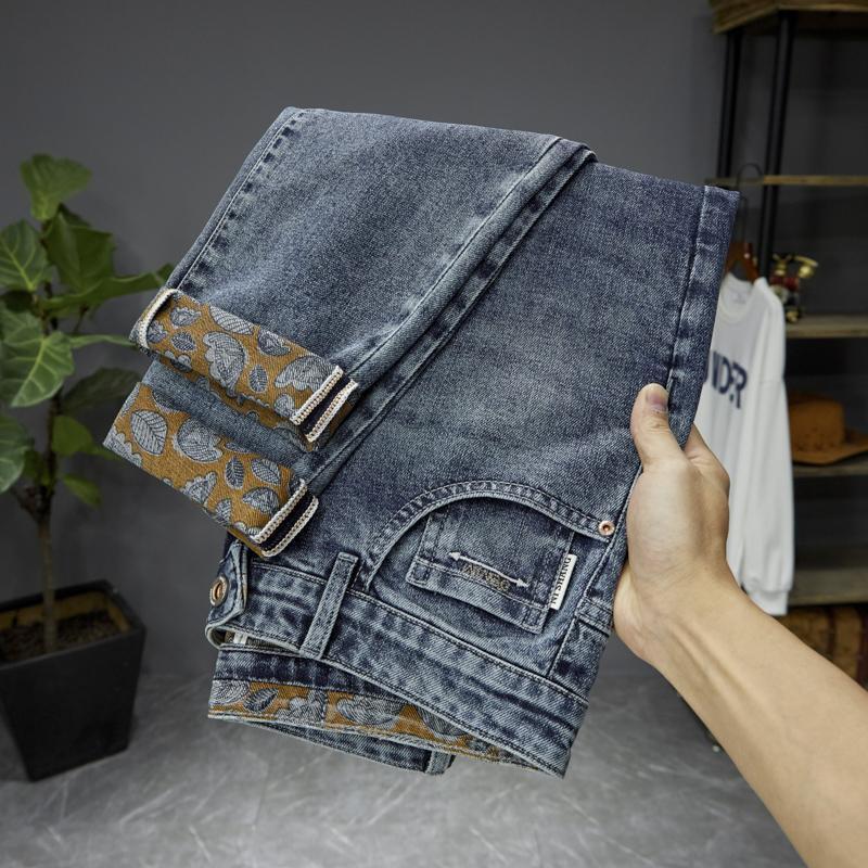Jeans da uomo, bello ruffiano di fascia alta, ricami e stampe alla moda, vestibilità slim elastica, gamba dritta piccola,_voghion.com