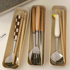 けやき柄ナイフフォークスプーンアヒル木製ステンレスかわいいスプーン箸食器セット携帯収納ケース