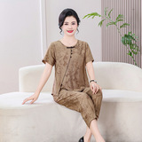 夏季新款風(fēng)印花寬松大碼中老年媽媽夏裝短袖棉麻套裝時尚兩件套，女裝套裝/套裙，妃慕昵服飾