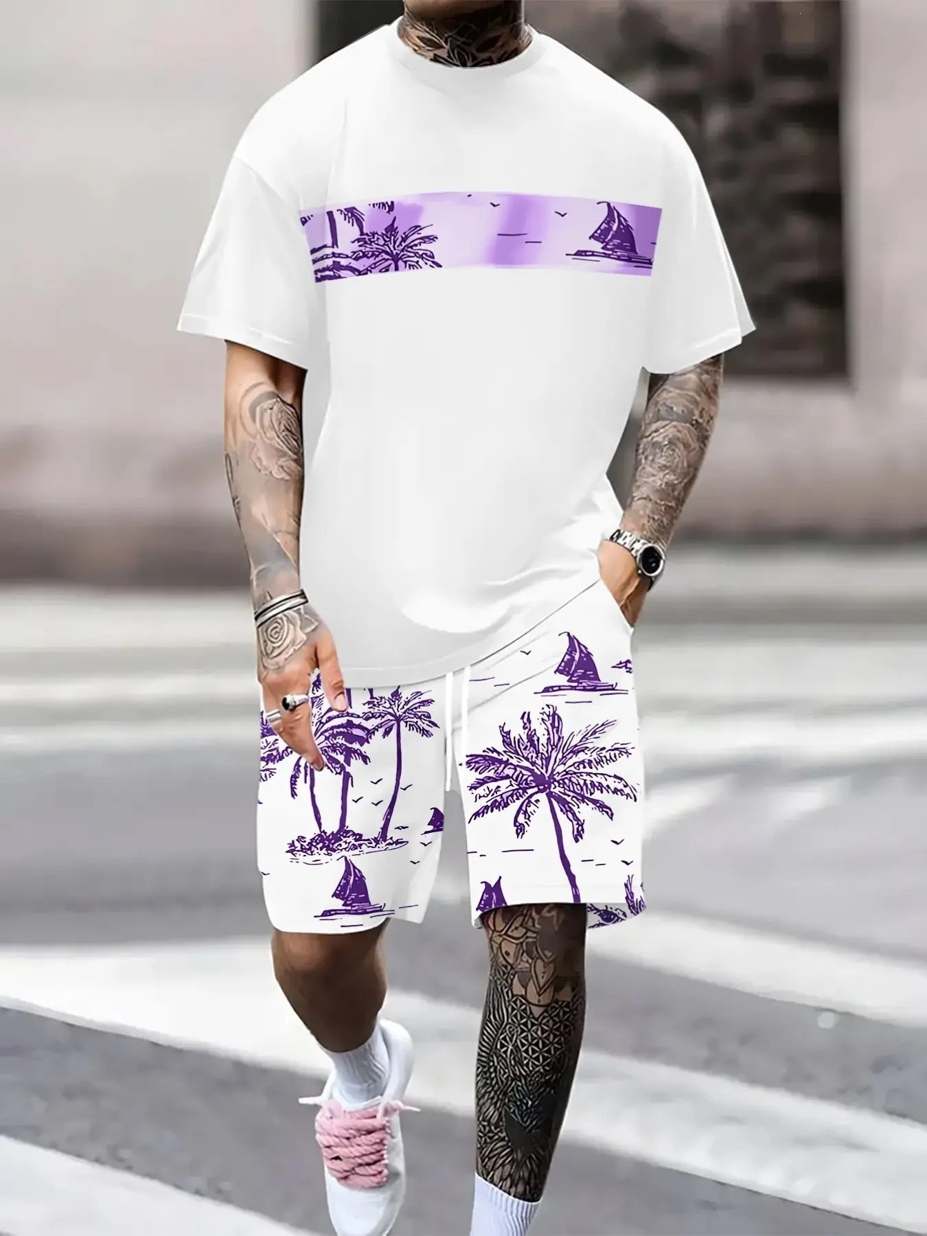 Summer 3D Sailboat Print Men's Suit Casual Loose Fit Versatile Comfortable Everyday Wear_viptrois.com