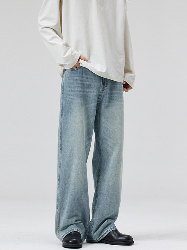 LKTM Men's Wear # Jeans de barba de gato lavados azul claro de primavera y verano para hombres y mujeres pantalones rectos sueltos de moda