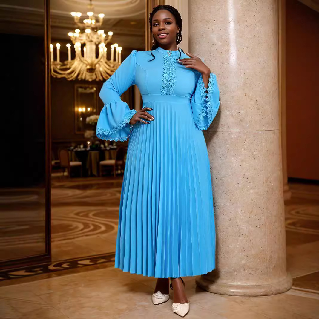 Elegant Women's Pleated Dress Long Sleeve Solid Colour Swing Skirt_voghion.com