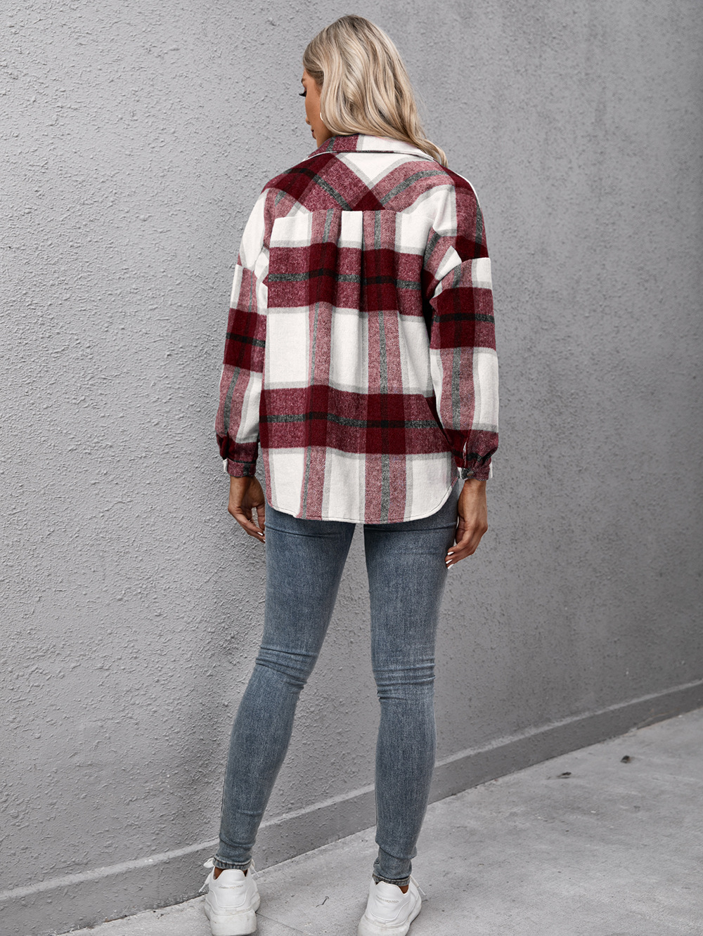 long-sleeved loose plush plaid single-breasted jacket NSYBL136705