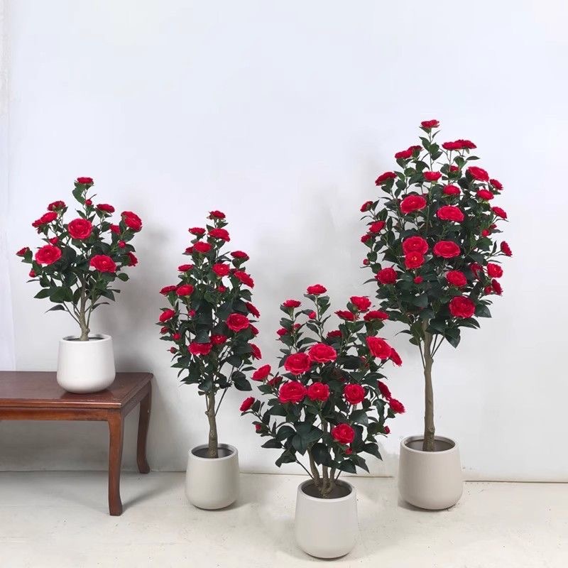 中式仿真山茶花树绿植室内假植物摆件玫瑰花盆栽客厅花艺装饰造景