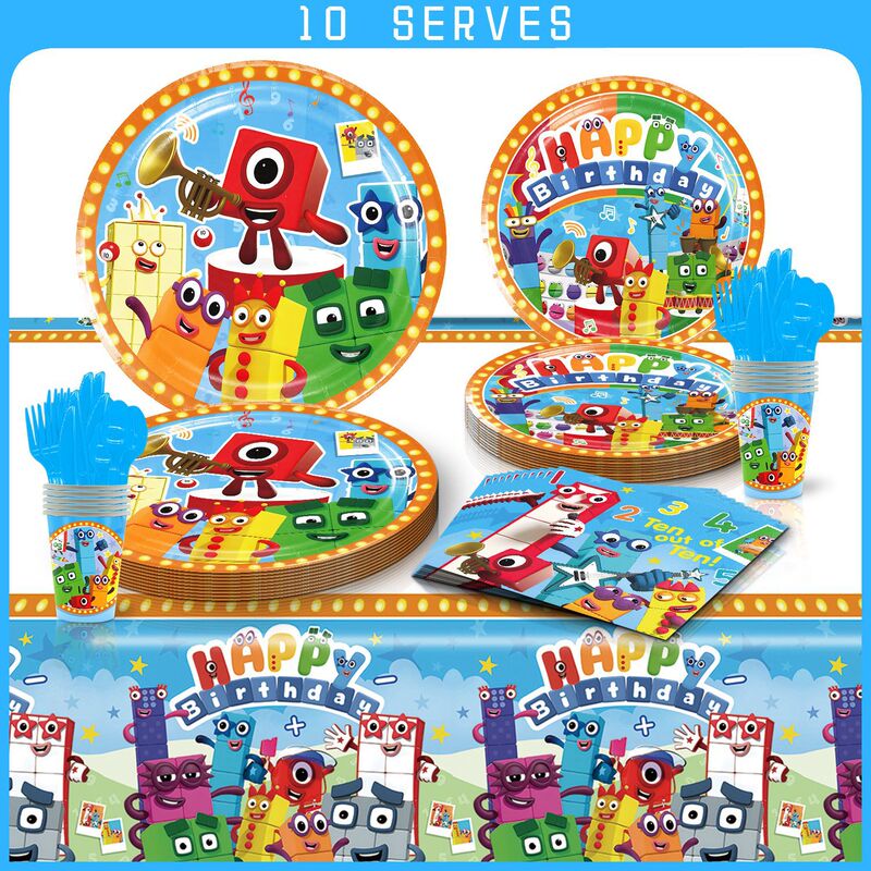 Digital Building Blocks Theme Party Decoration Disposable Paper Tray Paper Cup Paper Towel Tablecloth Tableware suit for 10 People