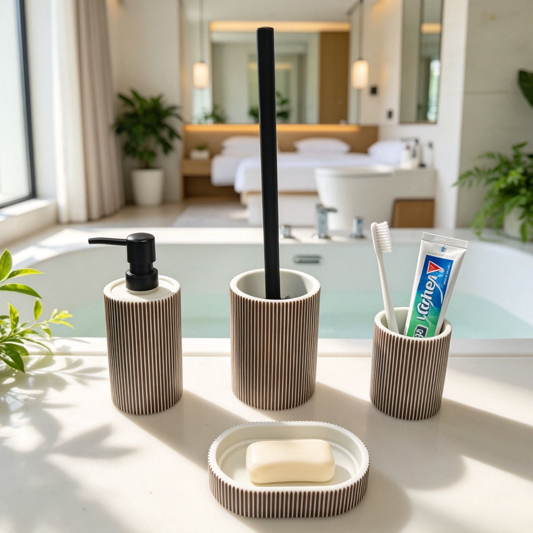 Nordic Style Vertical Stripe Resin Bathroom Four-Piece Set, Light Luxury Bathroom Toiletry Set, Hand Soap Bottle, Toothbrush Cup, Toilet Brush