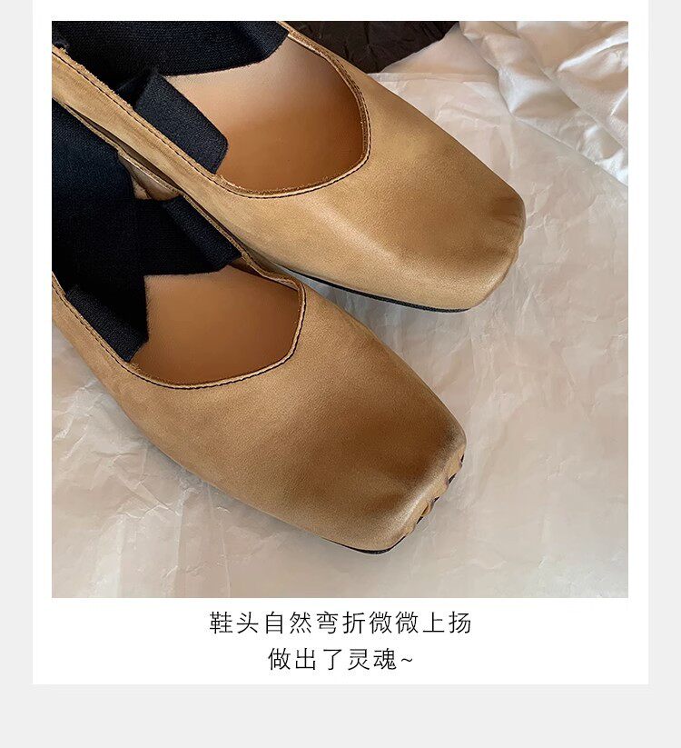 Giày búp bê nữ mũi vuông da cừu phối quai chéo, đế bệt gót thô 5 cm — Da đen (gót dày), Da đen (đáy phẳng), Màu trà sữa (gót dày), Màu trà sữa (đáy phẳng) chi tiết 35