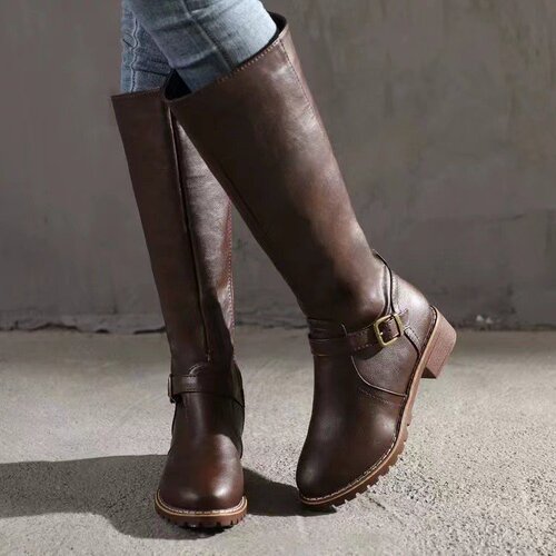 Belt buckle, solid color long boots, high-height autumn and winter women's boots,  Amazon new thick heeled women's knight boots, Europe and America