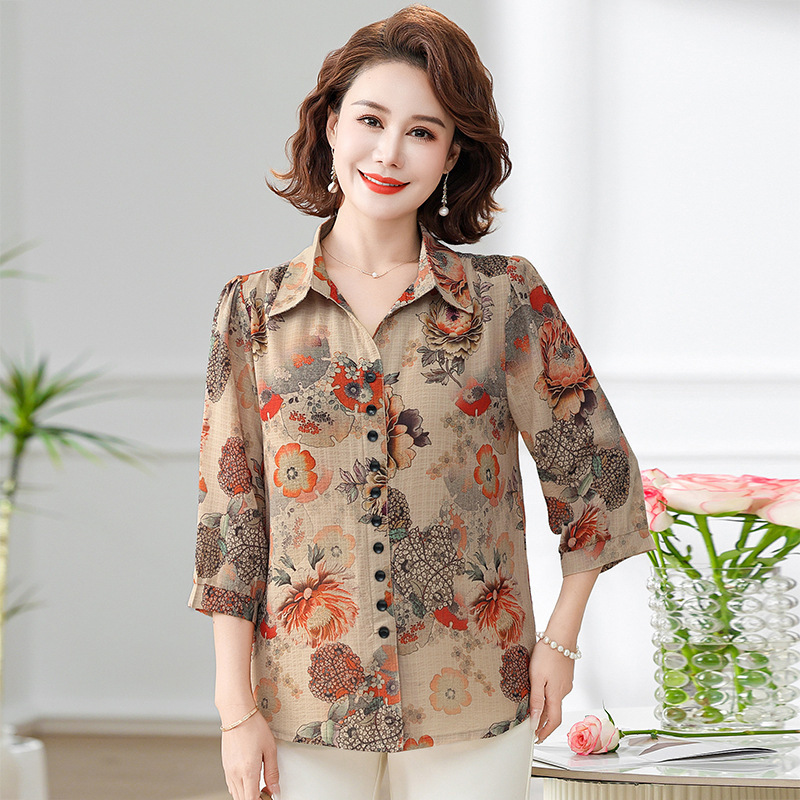 Dropshipping Summer New Fashion Printed Collared Three-Quarter Sleeve Shirt Tops for Middle-Aged and Elderly Women