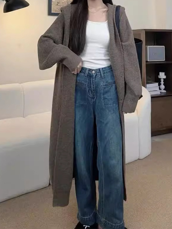 24 invierno Puyuan dj relajado viento perezoso con botón encapuchado chaqueta de punto largo de color sólido