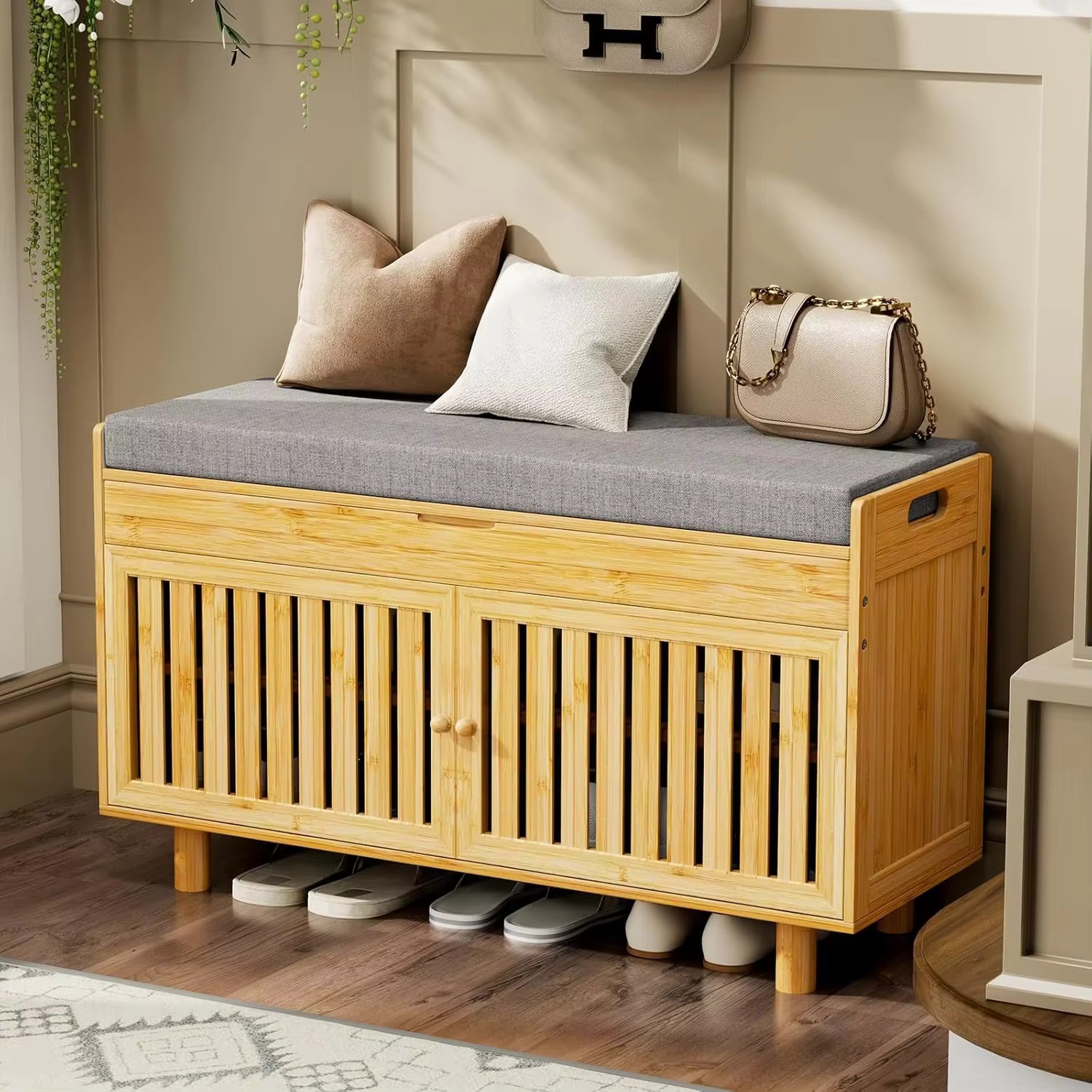 Living Room 2-Tier Shoe Rack with Lift-Top Storage, Entryway Bench, Bamboo Shoe Cabinet with 2 Doors, Thickened Seat, Shoe-Changing Bench