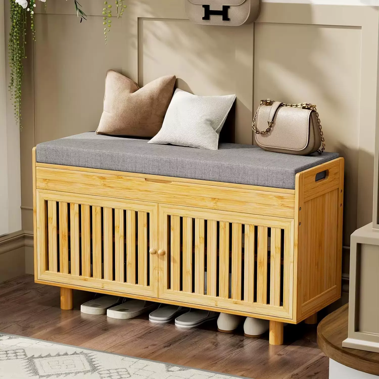 2层鞋架升降顶储物入口通道长凳竹鞋柜，带2门加厚座椅，用于客厅