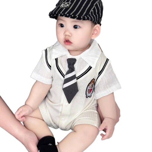 Baby's Summer Thin Clothing, Baby Short-Sleeve Outing Bodysuit, Pure Cotton, 100th Day College Hairy Climbing Suit