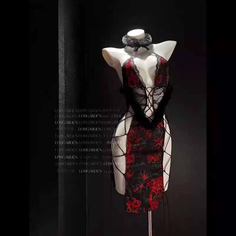 Ancient-Style Cheongsam Lingerie Nightdress with High Slit, Polyester, One Size — detail image 1