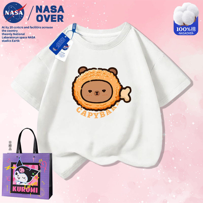 NASA联名卡通Q版小水豚印花T恤中大童可爱卡皮巴啦纯棉短袖休闲装