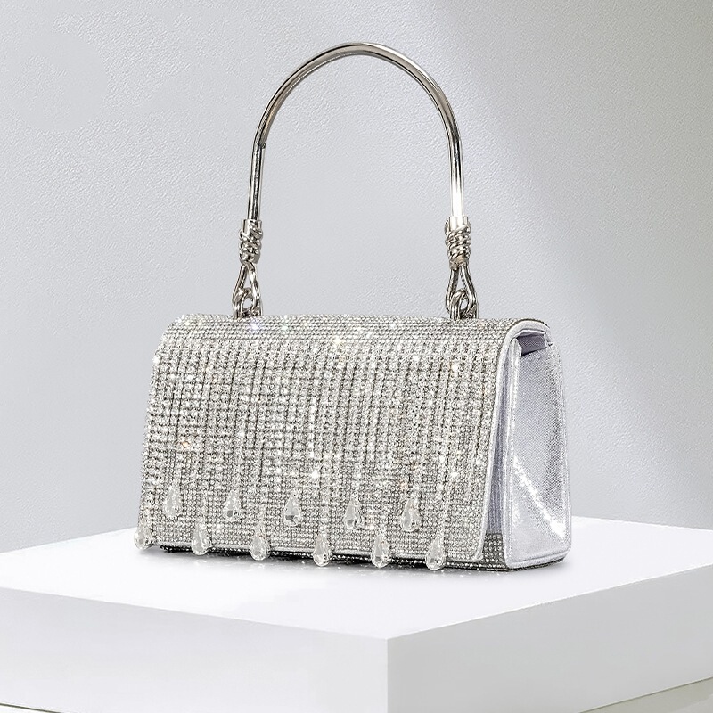 Tassel Rhinestone Handbag Women's Niche Design Hot Diamond Dinner Bag Metal Handle Flip Shoulder Crossbody Bag Flash Diamond