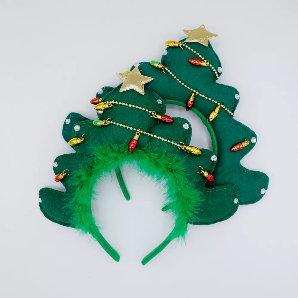 跨境圣诞发箍灯珠五角星绿色节日头箍高级充棉圣诞树亚马逊独立站