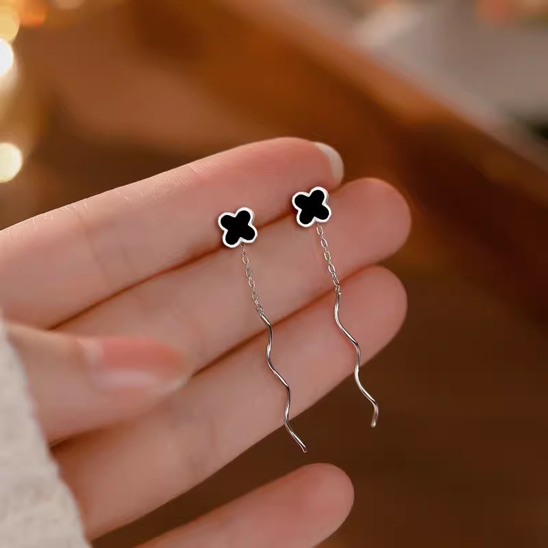 黑色四葉草波浪S耳線女小眾耳墜設計感耳環氣質百搭耳鏈女耳飾禮
